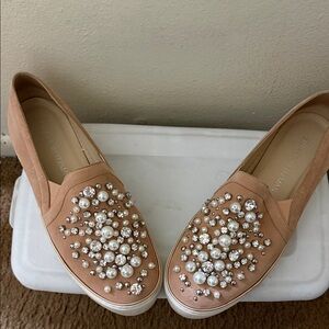 Stuart Weitzman Pearl Embellished Tan Loafers